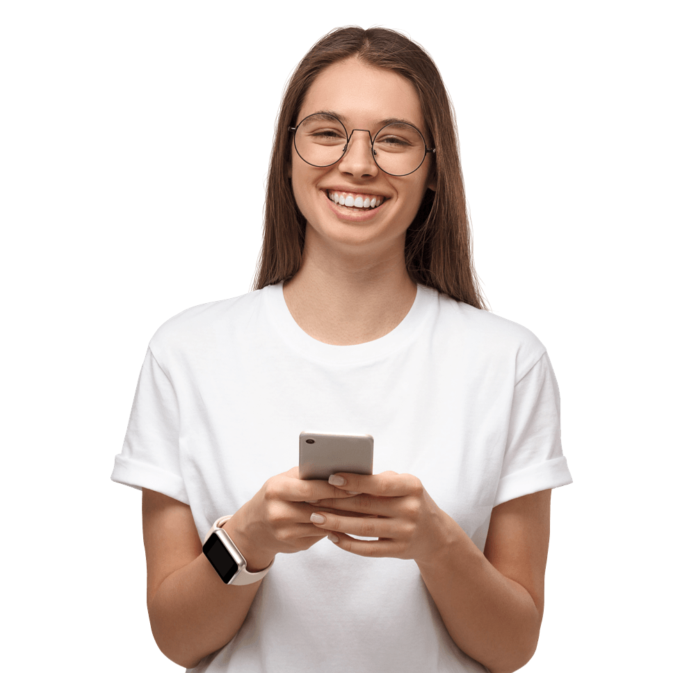 Smiling girl wearing glasses and a white tshirt holding a cellphone