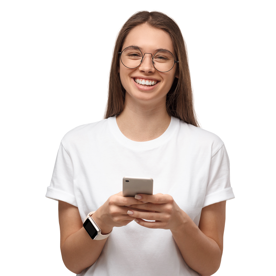 Smiling girl wearing glasses and a white tshirt holding a cellphone